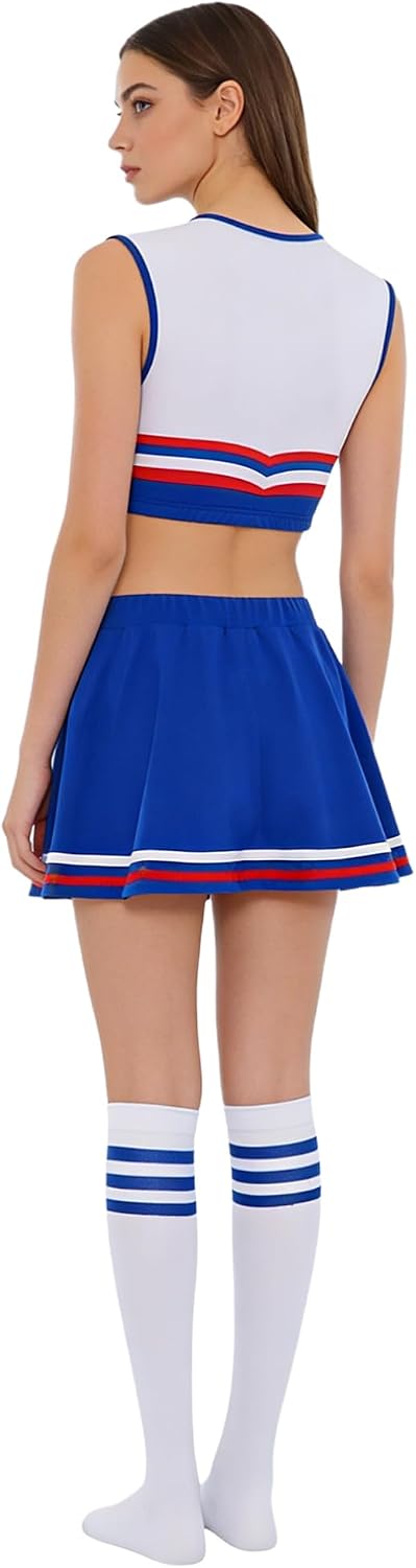 TiaoBug Women Cheerleading Dance Tank Top and Skirts Set Cheer Leader Dance Outfits Cheerleading Dancewear Blue X-Large