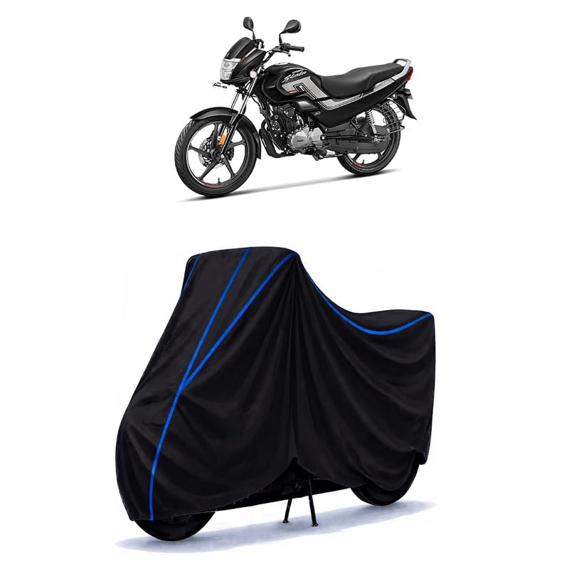Image of Hero Super Splendor 125 Bike Cover Water Resistant Universal Motorcycle Rain | Heavy Duty UV Protection, Dust, Scratch Indoor Outdoor All Weather with Black Blue Piping Elastic