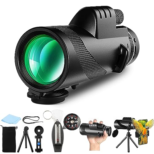 Upgraded 80x100 Monocular Telescope for Adults with 4in1 Compass, High Power Monocular with Smartphone Adapter & Tripod, Low Night Vision for Hunting Bird Watching Camping Sporting Concert(Black)