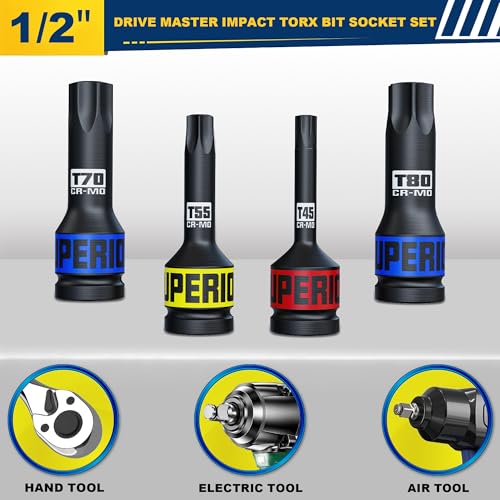 Image of 10 Piece 1 /2 inch Drive Impact Torx Bit Socket Set, T25 - T80, Impact Star Bit Socket Set, CR-MO Steel, Automotive Machinery Repair Bicycle Servicing and Furniture Assembly
