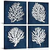 iKNOW FOTO Blue Bathroom Wall Art Beach Canvas Set of 4 Wall Art Decor with Coastal Ocean Coral Prints Modern Navy Blue Painting Stretched Canvas Ready to Hang