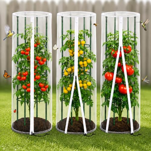 Vogelschutznetz & Insektenschutznetz für Tomaten Rankhilfe und Rankgitter ohne Gestänge 3er Set Rundes Pflanzenschutznetz Ø45 × 155 cm Engmaschiges Gemüseschutznetz mit Reißverschluss und Zugband