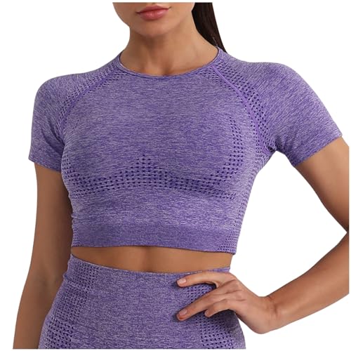 Crop Top Sport Donna Sport Running Top Top Gym Training Racerback Fitness Tee Traspirante Asciugatura Rapida Maglia Yoga Estate Manica Corta Leggero Cropped Top, O viola, S