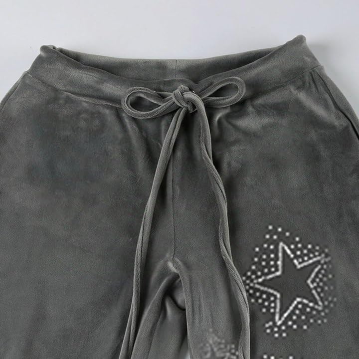 Image of BONVEN Womens Y2k Gothic Drawstring Flare Pants Streetwear Casual Star Rhinestone Low Rise Disco Pants Bell Bottoms