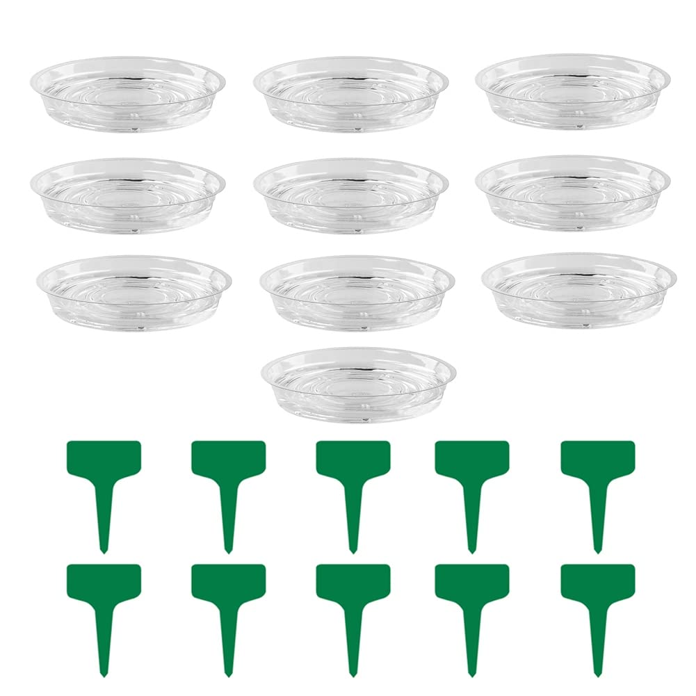 nerhemg Plant Saucers, 10pcs Clear Flower Pot Tray Drip Trays Plant Plate Dish with Plant Label for Indoor & Outdoor Plants (6 inch / 8inch / 10inch / 12inch) 10Inch