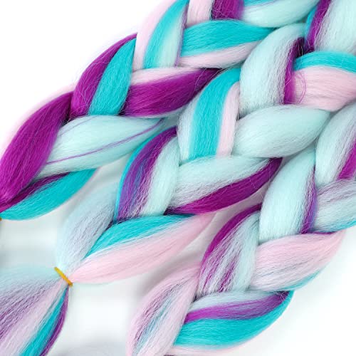 Jumbo Braiding Hair Fiber Mix Four Silky Colorful Twist Braiding Hair Rainbow Colors Extensions Kanekalon Synthetic Hair Blue-Light Purple-Pink Synthetic Fiber Soft Healthy (24 Inch 3Pcs) #TOP4