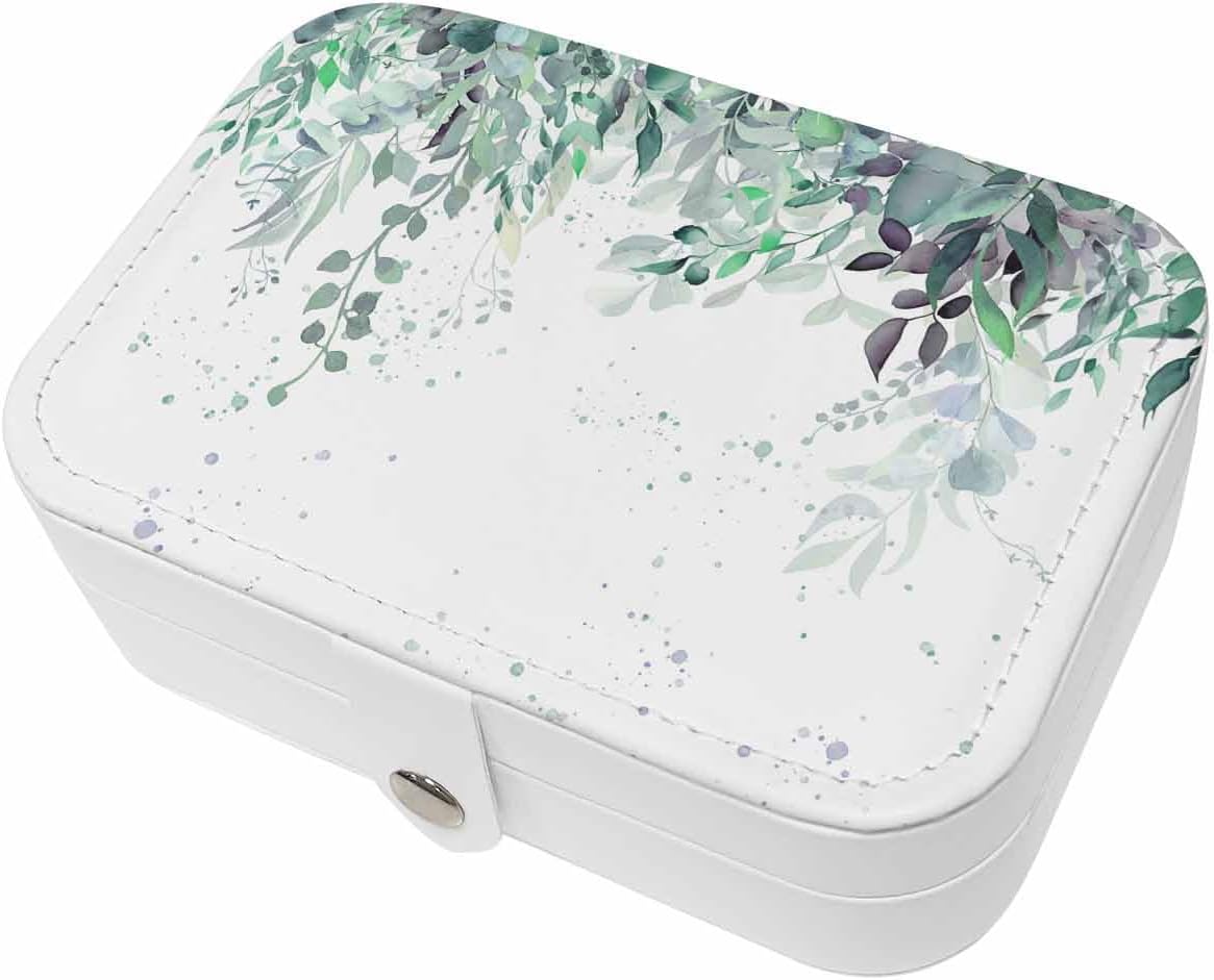 Travel Jewelry Case, Spring Green Plant Eucalyptus Leaves PU Leather Organizer Box Portable Small Storage Decorative Cases for Ring Necklace Earring Gift for Girl Women