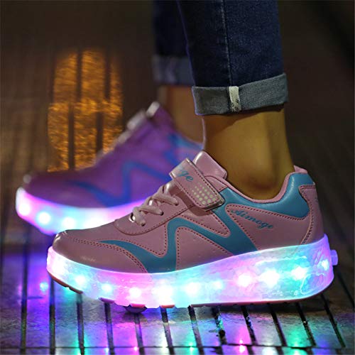 Lovelysi Unisex Jungen Mädchen LED Licht Skateboardschuhe mit Rollen Drucktaste Einstellbare,USB Wiederaufladbar,Inline Skates,Outdoor Sport Gymnastik Running Sneaker