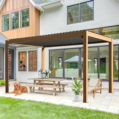 Domi Louvered Pergola 10X13FT, Wood Grain Aluminum Pergola with Adjustable Louvered Roof and Drainage Gutter, Outdoor Gazebo for Patio, Backyard, Deck
