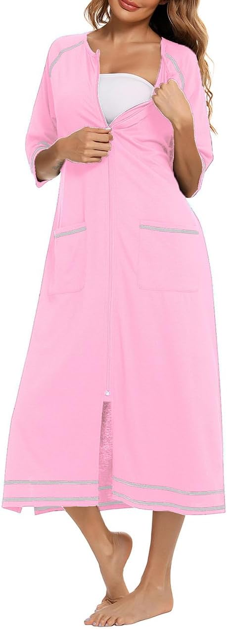 Women's Zip Up Robe Full Length Maternity Robe Hospital Bathrobe Nursing Pajamas