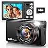 Cámara digital 5K 96MP para fotografía con zoom óptico 6X, cámara de enfoque automático mejorada 2025 para YouTube con doble lente, tarjeta de 64 GB, flash, antivibración, cámaras digitales compactas