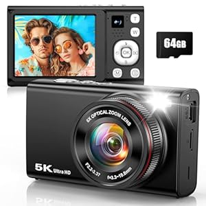 Cámara digital 5K 96MP para fotografía con zoom óptico 6X, cámara de enfoque automático mejorada 2025 para YouTube con doble lente, tarjeta de 64 GB, flash, antivibración, cámaras digitales compactas
