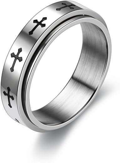 Via Mazzini No-Tarnish No-Fading Stainless Steel Cross Design Spinner Stress Relief Anti Anxiety Fidget Ring For Men and B...