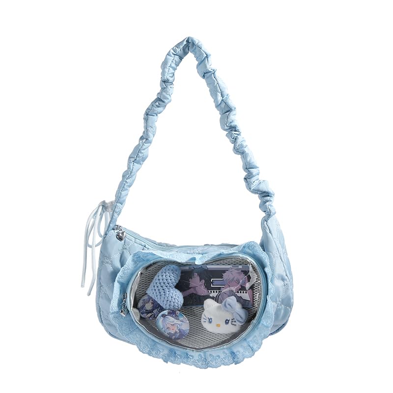 Womens Y2K Cute Pleated Puff Shoulder Bag Heart Print Transparent Kawaii Drawstring Large-Capacity Crossbody Bags