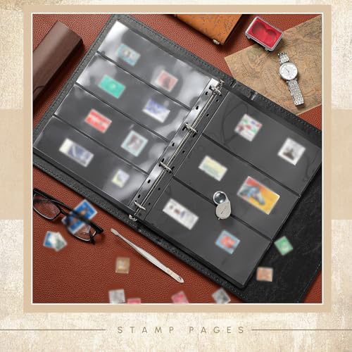 Image of Stamp Collecting Album Binder Kit for Collectors, 1 /2 /3 /4 Rows Banknotes Storage Book with 20 Stamp Pages, 4 Ring Binder, Tweezers and Magnifier, for Paper Money Bill Postage, Beginner Hobbyists Gift
