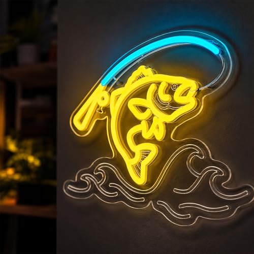 Image of Fishing Neon Sign for Wall Decor,Dimmable Fishing Hook Neon Light Up Signs for Yacht Man Cave Living Room Father's Gifts