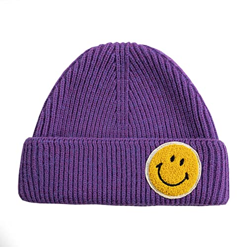 FASECKS Damen-Mütze mit Smiley-Gesicht, Winter, warme, gestrickte Totenkopfmütze, modische, Bequeme Mütze mit Stickerei