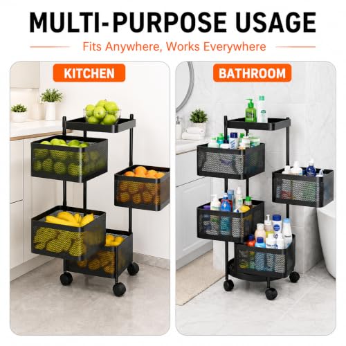 Image of Homeor 4 Layer Kitchen Trolley with Wheels | 360 Rotating Metal Storage Rack for Vegetables, Fruits, Onion & Spices | Square Multipurpose Kitchen Organizer Stand | Metal Kitchen Trolley, Matte Black