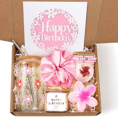 iAOVUEBY Birthday Gifts for Women, Her, Teen Girl Gifts, Happy Birthday Gift Box for Girl, Women, Sister, Daughter, Friend, Friendship, Cute Sunflower Sunshine Glass Cup Gift Set 7PCS, 16oz, Yellow