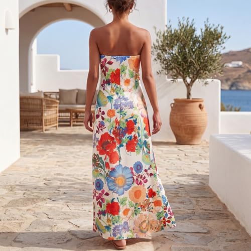 Image of Zwirelz Women Strapless Maxi Dress Boho Floral Print Flowy Long Tube Dress Off Shoulder Loose Beach Sundress
