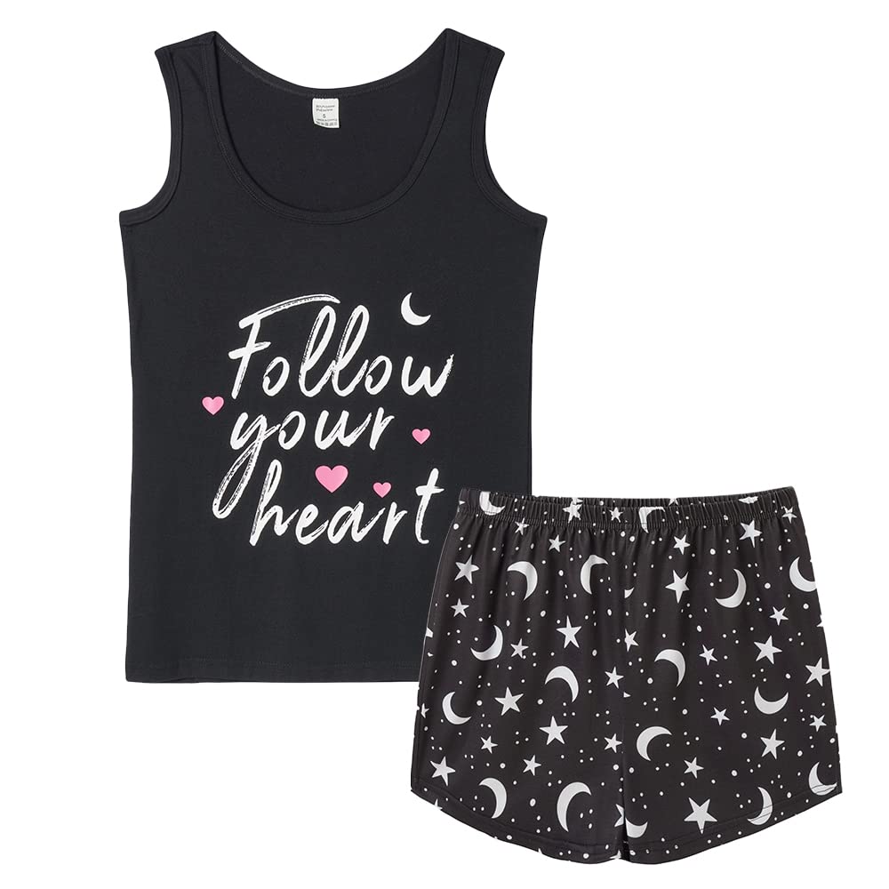 VENTELAN Women Pajamas Cute Tank and Shorts Set Soft PJS Sleepwear Loungewear C-black XX-Large