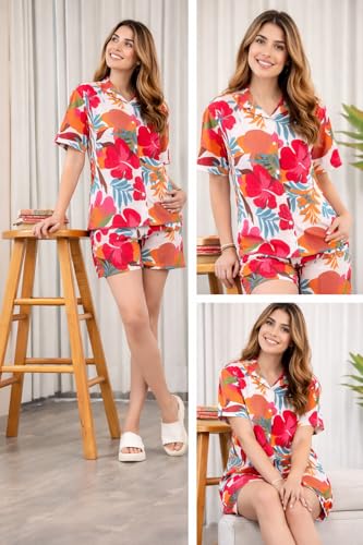 Image of Women Pajama Set Printed Cord-Set Night Suit Set of Shirt & Shorts Set Women Night Wear Set