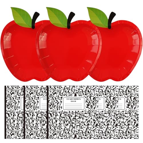 40pcs Back to School Apple Plates Composition Notebook Napkins Party Supplies Disposable 9IN Red Apple Paper Plates First Day School Classroom Decor for Kindergarten Preschool School Teacher Serve 20