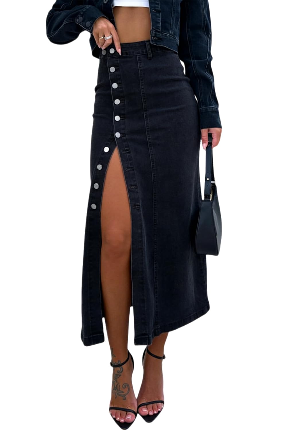 yoeasy Womens Casual Slit Denim Midi Jean Skirt High Waisted Button Up Stretch Trendy A-Line Jean Skirts