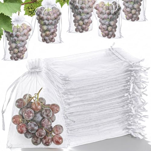 XLIUAX 100 Stück Organzasäckchen 15x10cm Obst Schutzbeutel mit Zugband Erdbeere Weintrauben Schutzbeutel Obstschutznetze zum Schutz Zum Schutz vor Festival Party und Hochzeit (Weiß)