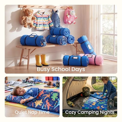 Image of JOIEDOMI Toddler Sleeping Bag for Kids 55''x30'' Nap Mat with Removable Pillow and Minky Blanket for Toddler Ages 3-7 Roll Up Soft Kids Sleeping Bag for Boys Girls Kindergarten Daycare Sleepover