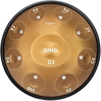 AS TEMAN HANDPAN, Handpan drum instrument in D Minor 9 Notes 440hz 22 inches Steel Hand Drum with Soft Hand Pan Bag, 2 handpan mallet,Handpan Stand,dust-free cloth,gold