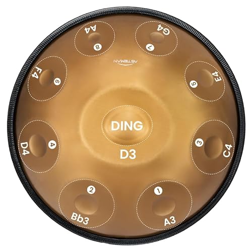 AS TEMAN HANDPAN Drum D minor 9 notes 22 inches, 432Hz, with gold finish, carrying bag, stand, cleaning cloth, drumstick.