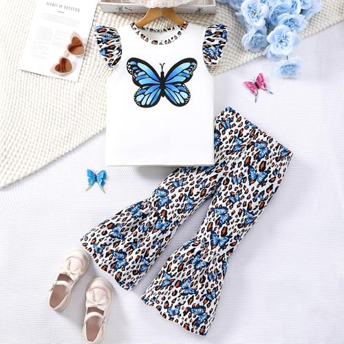 Image of Girl 2pcs set with ruffle sleeves top flared pants spring summer short sleeves 4-12Y