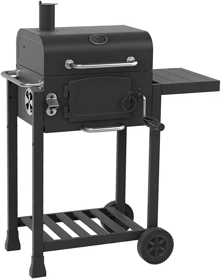 CosmoGrill Outdoor Jr. Smoker Barbecue Charcoal Portable BBQ Grill Built-in Thermometer Adjustable Charcoal Pan and Chimney Wheels Storage | Compact Coal BBQ Smoker for Home Garden Party Cooking