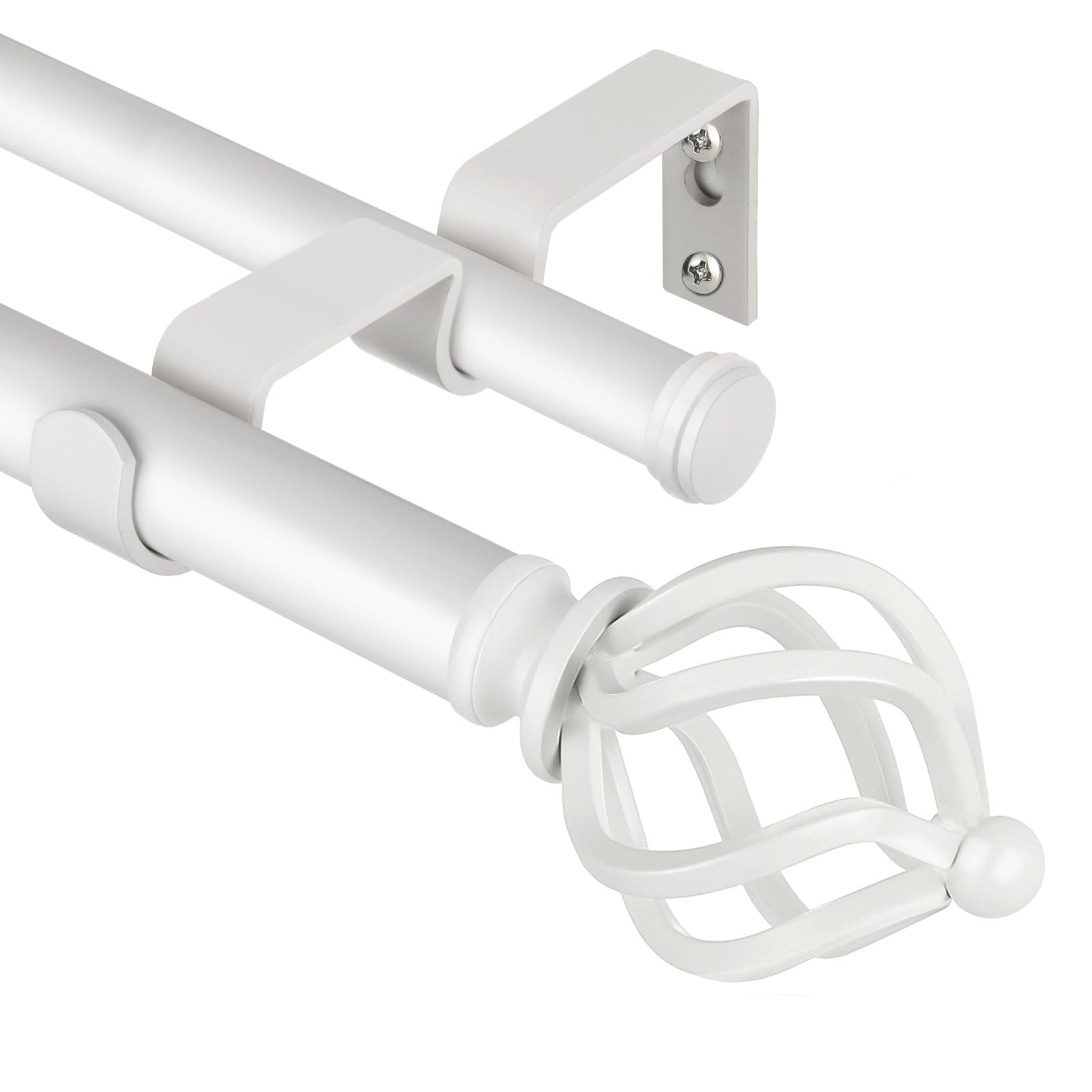 KAMANINA Double Curtain Pole 167 to 304 cm, White Extendable Curtain Poles for Eyelet Curtains, 22 mm Diameter Curtain Pole with Twisted Cage Finials