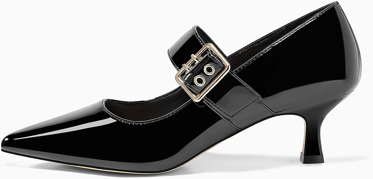 Coutgo Womens Kitten Heels Mary Jane Shoes Closed Pointed Toe Dress Shoes Buckle Work Office Pump Shoes - Image 4