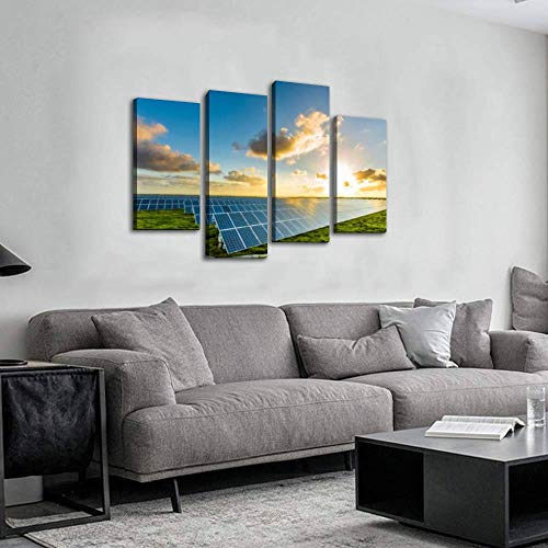 Hipolotus 4 Panel Canvas Pictures Solar Panels At Sunrise With Cloudy Sky In Normandy France Solar Wall Art Prints Paintings Stretched & Framed Poster Home Living Room Decoration Ready To Hang #TOP2
