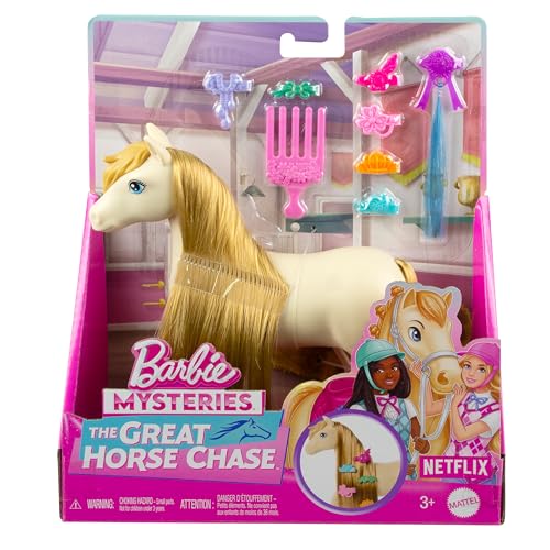 Barbie – LES MYSTÈRES DE BARBIE - À la Poursuite du Cheval Perdu, Poney et accessoires Crinière très longue à coiffer (les styles peuvent varier), HXJ36 – Image 7