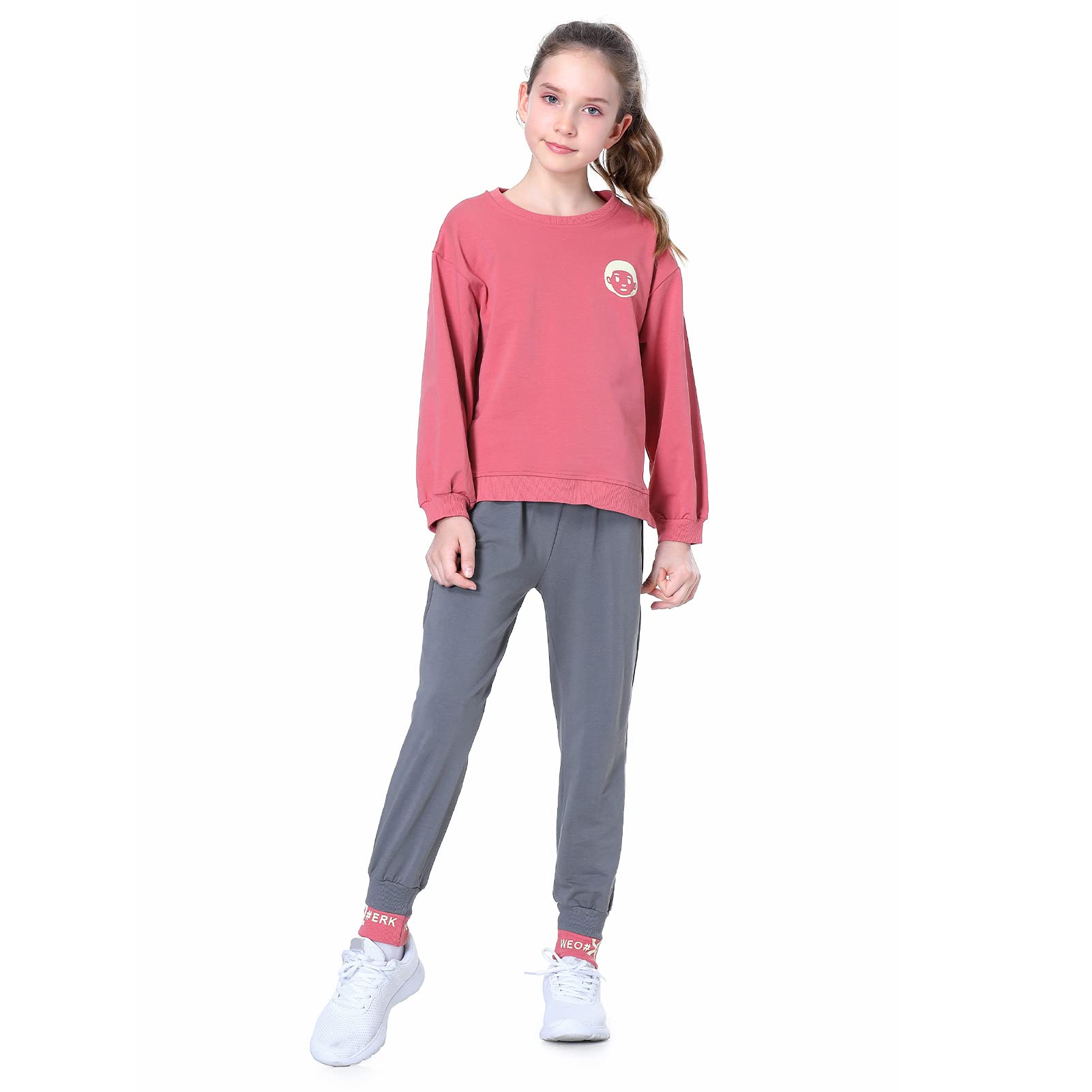 LPATTERN Niñas Chándal Estampado Traje Deportivo 2 Piezas Traje de Jogging Sudadera + Pantalones,Rojo Ladrillo,10-11 años