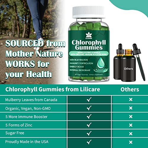 Chlorophyll Gummies - Sugar Free With Unfiltered Acv, Sea Moss & Elderberry, Echinacea, Vitamin D3,C,E,B12 - Energy Boost, Immune & Digestion Support, Natural Deodorant, Skin Care - Vegan,Non-Gmo,60Ct #TOP6