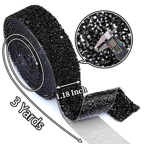 Locacrystal Bling Crystal Resin Rhinestone Diamond Ribbon,Self-Adhesive Iron-On Diy Glitter Gem Stickers For Crafts Cars Clothing Decoration 3Cm 3Yard Black #TOP2