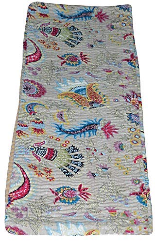YUVANCRAFTS Indian Cotton Kantha Quilt Floral and Mukut Screen Print Quilt Bedspreads Blanket Throw