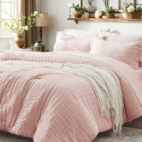Image of Zzlpp Queen Comforter Set 7 Pieces, Pink Seersucker Bed in a Bag with Comforter and Sheets, All Season Bedding Sets with 1 Comforter, 2 Pillow Shams, 2 Pillowcases, 1 Flat Sheet