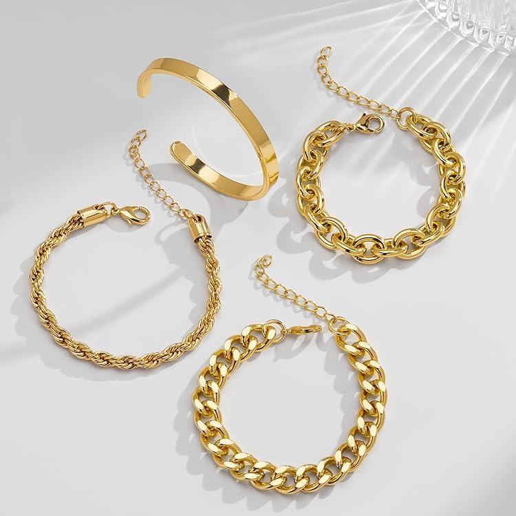 Gokeey Chunky Gold Bracelets Stack for Women Non Tarnish, Waterproof 14K Gold Plated Bangle Cuff Bracelets Set for Women Trendy Thick Layered Cuban Link Chain Paperclip Rope Stackable Bracelet for Jewelry Gifts - Image 5