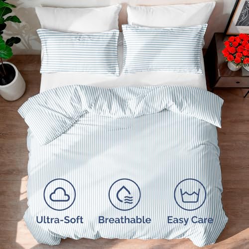 Image of Duvet Cover Queen Size - Stripe Duvet Cover Set - 3 Piece - Sky Stripe | Soft Stripe Duvet Cover 90 x 90 with 2 Pillow Shams, Comfy Stripe Bedding Set, Hotel Luxury with Zipper Closures & Ties