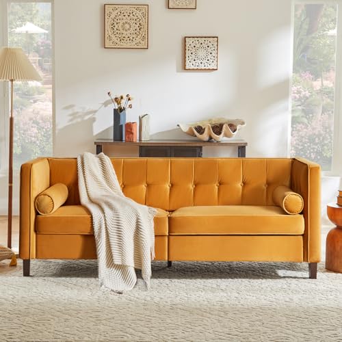 Dreamsir 78'' W Velvet Sofa, Mid-Century Love Seats Sofa Furniture with Bolster Pillows, Button Tufted Couch for Living Room, Tool-Free Assembly (Ginger)