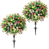 27.5' Artificial Eucalyptus Topiary Ball Trees with Colorful Flowers with Round Spike, Set of 2 UV Resistant Fake Bushes Outdoor Shrubs for Front Porch Planters, Weatherproof Faux Plants Decor