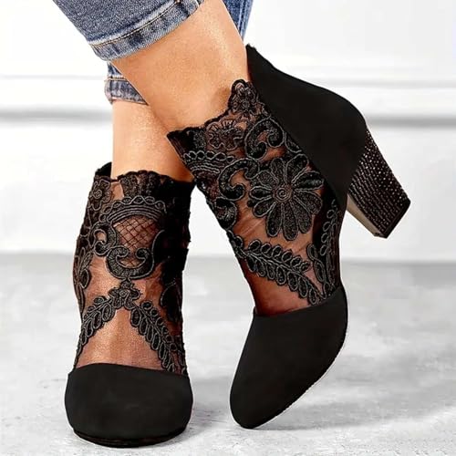Ankle Booties for Women Back Zipper Closed ToeChunky Heel Floral Lace Mesh Non-Slip Block Heeled Ankle Bootie4