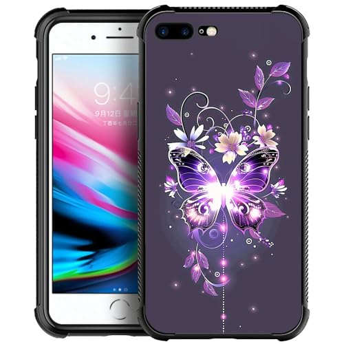 Goodsprout Compatible with iPhone 8 Plus Case,Purple Glittering Flower Butterfly iPhone 7 Plus Cases for Girls,Pattern Design Shockproof Anti-Scratch Hard PC Back Case for iPhone 7/8 Plus