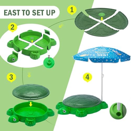 VROGTIK Turtle Sandbox with Lid & Umbrella, 38" Kids Sandbox with Beach Toys Set, Safe Sensory Play Sand Box for Toddlers, Indoor Outdoor Backyard Summer Gift for Ages 3-8 — view 3